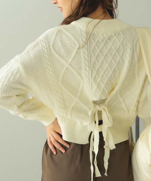 ROOPTOKYO(ループトウキョウ)の「Short Cable Knit / ショート丈 ケーブルリボンニット(ニット/セーター・レディース・カーキ/ホワイト・FREE)」の7枚目の写真