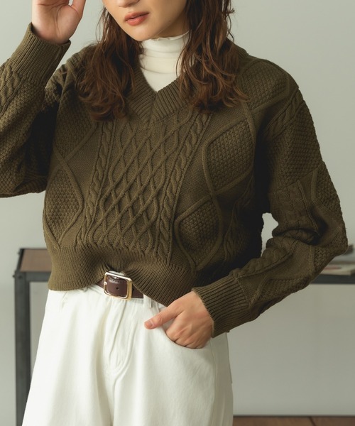 ROOPTOKYO(ループトウキョウ)の「Short Cable Knit / ショート丈 ケーブルリボンニット(ニット/セーター・レディース・カーキ/ホワイト・FREE)」の13枚目の写真