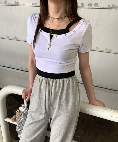 non-hedge(ノンヘッジ)の「ジップショート丈トップスキャミソールセット(Tシャツ/カットソー・レディース・ブラウン/ブラック/グレー/オフホワイト・FREE)」の2枚目の写真