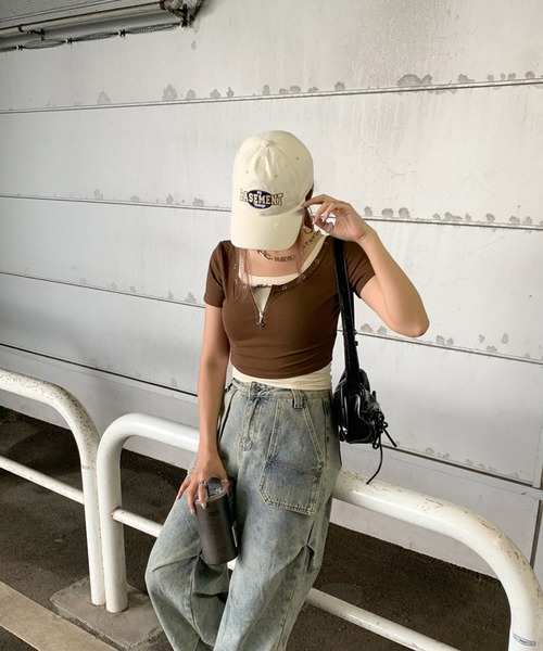 non-hedge(ノンヘッジ)の「ジップショート丈トップスキャミソールセット(Tシャツ/カットソー・レディース・ブラウン/ブラック/グレー/オフホワイト・FREE)」の9枚目の写真