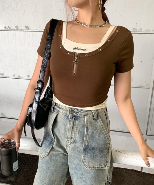 non-hedge(ノンヘッジ)の「ジップショート丈トップスキャミソールセット(Tシャツ/カットソー・レディース・ブラウン/ブラック/グレー/オフホワイト・FREE)」の5枚目の写真