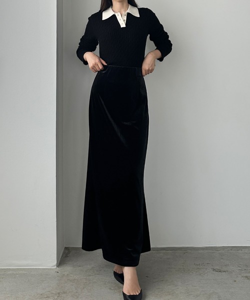 Louere（ルエレ）の「ハイウエストべロアナロースカート（スカート・レディース・クリーム/ブラック/ブラウン・X-LARGE/LARGE/MEDIUM/SMALL）」の5枚目の写真