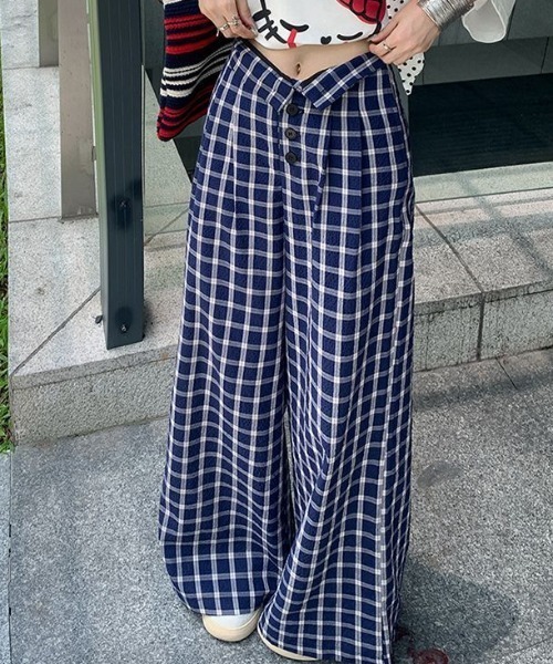 チェック柄 ワイドパンツ ハイウエスト カジュアル チェック柄パンツハイウエストワイドパンツ[品番：AGCW0006100