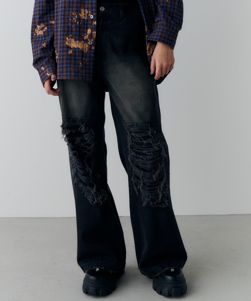 AIVER（アイバー）の「AIVER　オーバーダイフレアダメージデニム（デニムパンツ・メンズ・グリーン/パープル/ブラック・LARGE/MEDIUM/SMALL）」の10枚目の写真