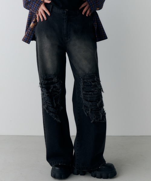 AIVER（アイバー）の「AIVER　オーバーダイフレアダメージデニム（デニムパンツ・メンズ・グリーン/パープル/ブラック・LARGE/MEDIUM/SMALL）」の14枚目の写真