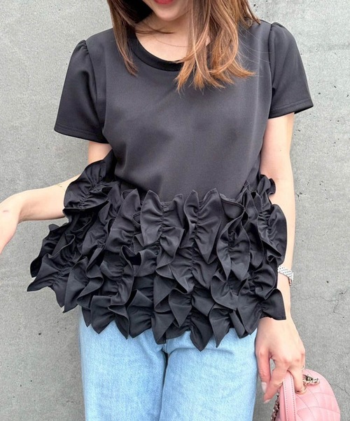 M y u(ミュー)の「SUSO OHANA T-shirt(Tシャツ/カットソー・レディース・ホワイト系1/ホワイト系2/ブラック系1/ブラック系2・FREE)」の4枚目の写真