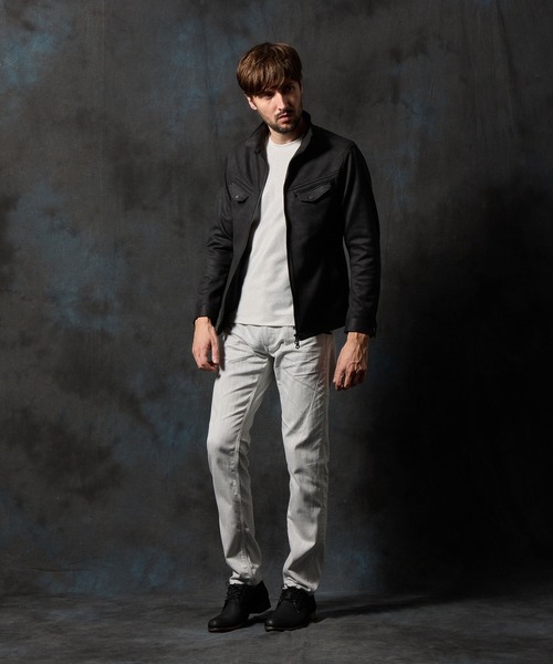 HIDEAWAYS NICOLE（ハイダウェイニコル）の「ポンチ起毛ジップアップブルゾン（ライダースジャケット・メンズ・グレイッシュベージュ/ブラック/オレンジ/シルバーグレー・MEDIUM/X-LARGE/LARGE）」の14枚目の写真