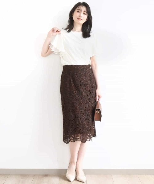 OFUON le MK（オフオンルエムケー）の「フラワーレースタイトスカート/洗える（スカート・レディース・ライトブルー/ブラウン・40/38/36）」の5枚目の写真