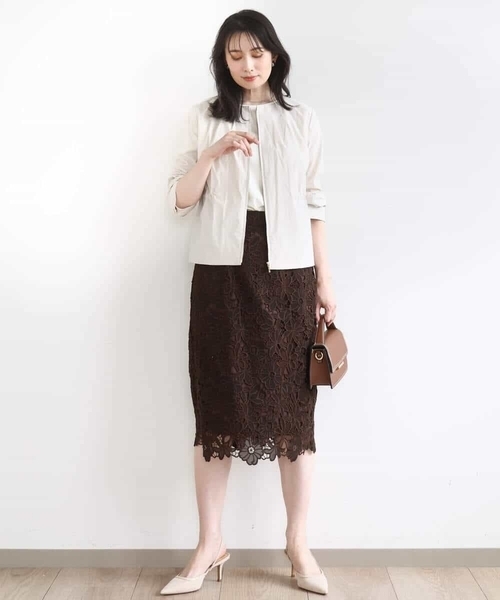 OFUON le MK（オフオンルエムケー）の「フラワーレースタイトスカート/洗える（スカート・レディース・ライトブルー/ブラウン・40/38/36）」の8枚目の写真