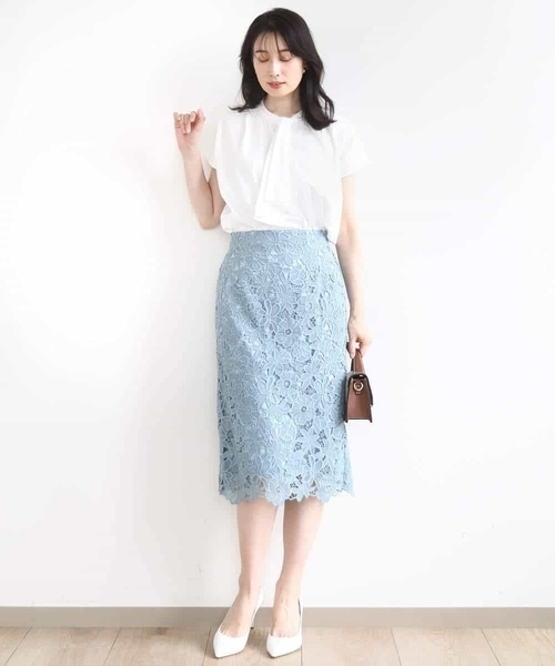 OFUON le MK（オフオンルエムケー）の「フラワーレースタイトスカート/洗える（スカート・レディース・ライトブルー/ブラウン・40/38/36）」の10枚目の写真