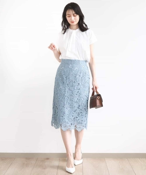 OFUON le MK（オフオンルエムケー）の「フラワーレースタイトスカート/洗える（スカート・レディース・ライトブルー/ブラウン・40/38/36）」の11枚目の写真