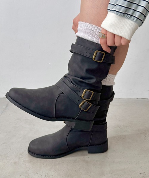 エルレセロ ベージュ スエード エンジニアブーツ バックルベルト セール】ベルトデザインエンジニアブーツ（ブーツ）｜SOLLON