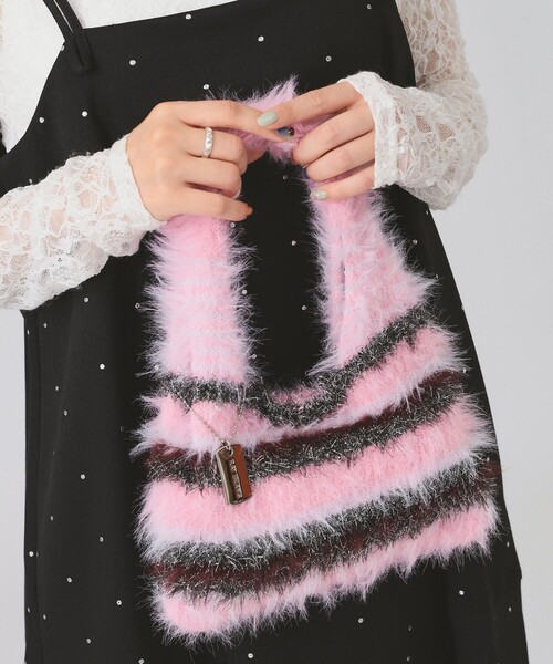 Ray BEAMS（レイビームス）の「シャギー ボーダー ニット バッグ（トートバッグ・レディース・イエロー/ピンク/ブラック・ONE SIZE）」の3枚目の写真