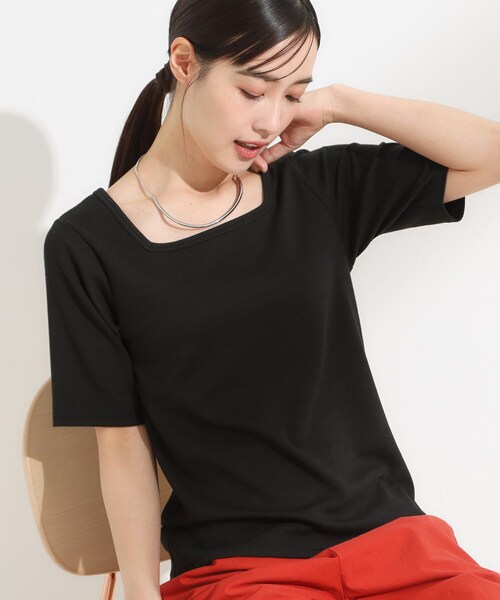 Cutie Blonde（キューティーブロンド）の「【S-LL/ひんやり/前後2WAY】シンプルだから使いやすい テレコTシャツ（Tシャツ/カットソー・レディース・ダークブラウン/ブラック/オフホワイト・01/02/03/04）」の2枚目の写真