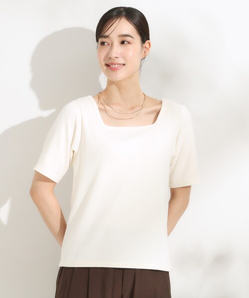 Cutie Blonde（キューティーブロンド）の「【S-LL/ひんやり/前後2WAY】シンプルだから使いやすい テレコTシャツ（Tシャツ/カットソー・レディース・ダークブラウン/ブラック/オフホワイト・01/02/03/04）」の4枚目の写真