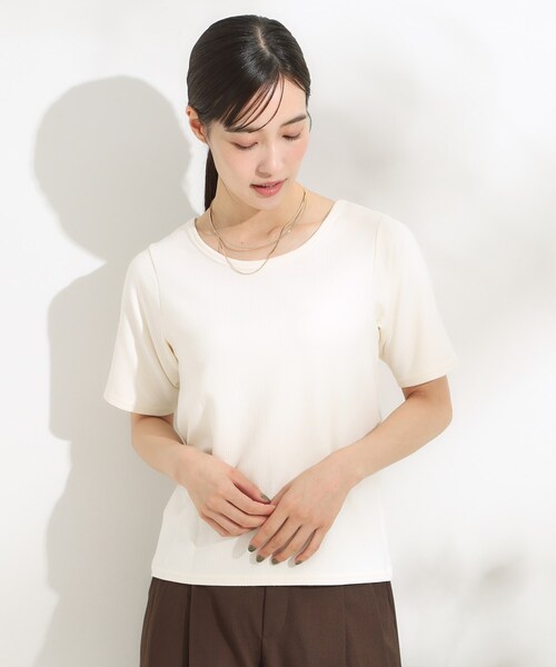 Cutie Blonde（キューティーブロンド）の「【S-LL/ひんやり/前後2WAY】シンプルだから使いやすい テレコTシャツ（Tシャツ/カットソー・レディース・ダークブラウン/ブラック/オフホワイト・01/02/03/04）」の6枚目の写真