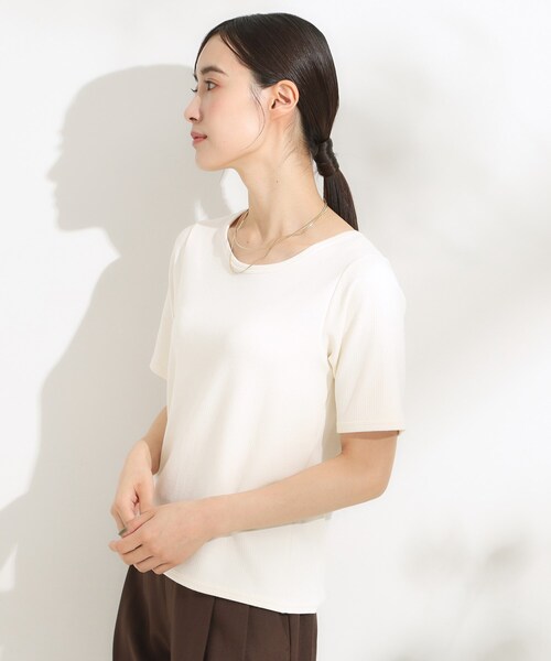 Cutie Blonde（キューティーブロンド）の「【S-LL/ひんやり/前後2WAY】シンプルだから使いやすい テレコTシャツ（Tシャツ/カットソー・レディース・ダークブラウン/ブラック/オフホワイト・01/02/03/04）」の7枚目の写真