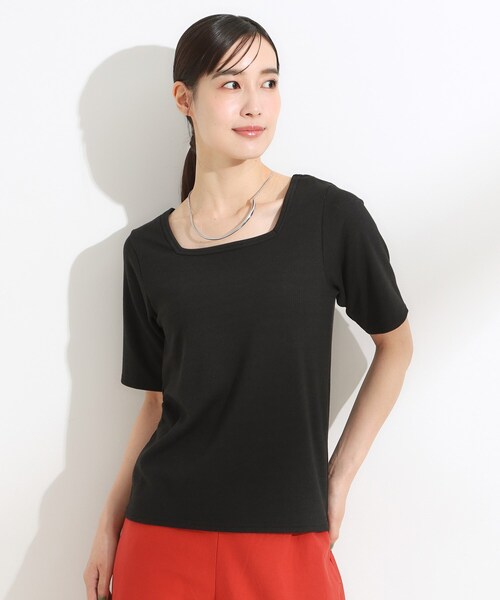 Cutie Blonde（キューティーブロンド）の「【S-LL/ひんやり/前後2WAY】シンプルだから使いやすい テレコTシャツ（Tシャツ/カットソー・レディース・ダークブラウン/ブラック/オフホワイト・01/02/03/04）」の11枚目の写真