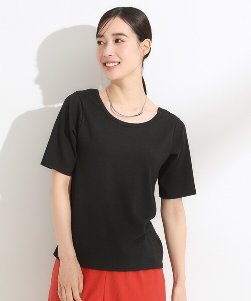 Cutie Blonde（キューティーブロンド）の「【S-LL/ひんやり/前後2WAY】シンプルだから使いやすい テレコTシャツ（Tシャツ/カットソー・レディース・ダークブラウン/ブラック/オフホワイト・01/02/03/04）」の13枚目の写真