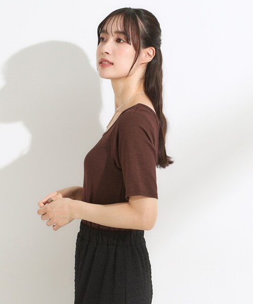 Cutie Blonde（キューティーブロンド）の「【S-LL/ひんやり/前後2WAY】シンプルだから使いやすい テレコTシャツ（Tシャツ/カットソー・レディース・ダークブラウン/ブラック/オフホワイト・01/02/03/04）」の19枚目の写真