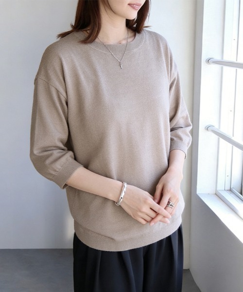 ReRe（リリ）の「ラウンドネックサマーニットトップス（ニット/セーター・レディース・アイボリー/オリーブ/ワインレッド/グリーン/ダークブルー/グレイッシュベージュ/ブルー/ミント/パープル/ブラック/ブラウン/グレー/ダークブラウン/レモンイエロー/チョコ/ダークパープル/ライトベージュ・FREE）」の8枚目の写真