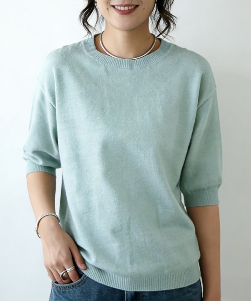 ReRe（リリ）の「ラウンドネックサマーニットトップス（ニット/セーター・レディース・アイボリー/オリーブ/ワインレッド/グリーン/ダークブルー/グレイッシュベージュ/ブルー/ミント/パープル/ブラック/ブラウン/グレー/ダークブラウン/レモンイエロー/チョコ/ダークパープル/ライトベージュ・FREE）」の11枚目の写真