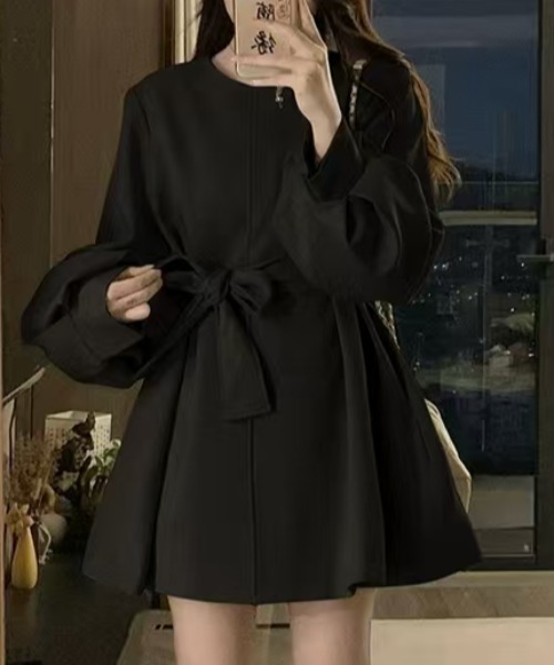 セール】ウエストベルト付き ボリュームスリーブ ノーカラーコート