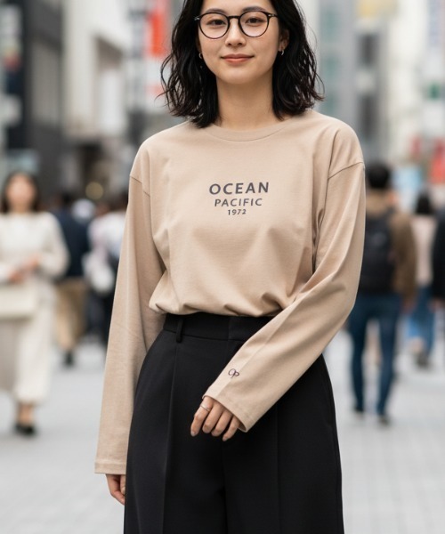Ocean Pacific(オーシャンパシフィック)の「【OP:オーピー】レディースロゴ長袖Tシャツ ロングTシャツ ドロップショルダー(Tシャツ/カットソー・レディース・ベージュ/ヘザーグレー/ホワイト・X-LARGE/LARGE)」の1枚目の写真
