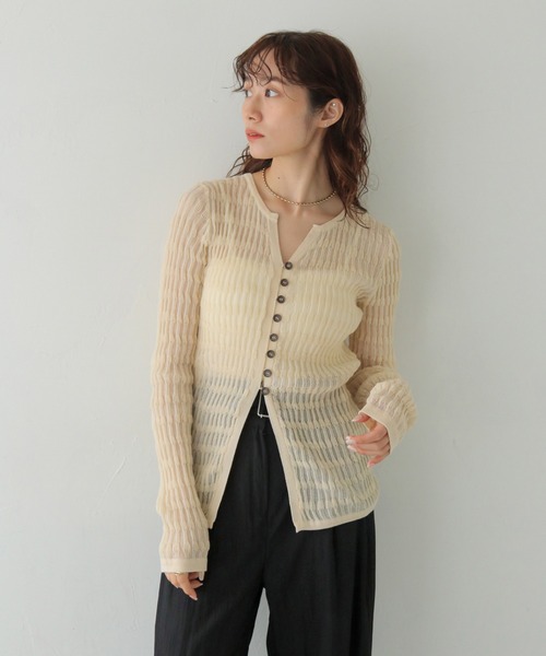 CLEIO（クレイオ）の「【CLEIO】シャーリングライクリブカーディガン SHIRRING LYCRA RIB CARDIGAN/986-14611（カーディガン/ボレロ・レディース・アイボリー/ネイビー/ブラウン・FREE）」の6枚目の写真