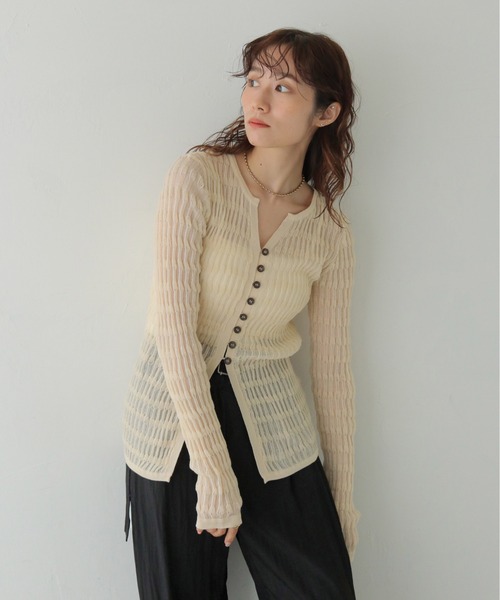 CLEIO（クレイオ）の「【CLEIO】シャーリングライクリブカーディガン SHIRRING LYCRA RIB CARDIGAN/986-14611（カーディガン/ボレロ・レディース・アイボリー/ネイビー/ブラウン・FREE）」の7枚目の写真