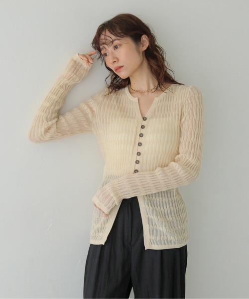 CLEIO（クレイオ）の「【CLEIO】シャーリングライクリブカーディガン SHIRRING LYCRA RIB CARDIGAN/986-14611（カーディガン/ボレロ・レディース・アイボリー/ネイビー/ブラウン・FREE）」の8枚目の写真