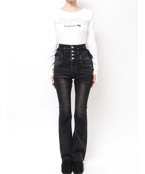 EMODA（エモダ）の「リボンハイウエストフレアパギンス（デニムパンツ・レディース・インディゴブルー/ブラック/グレー・X-SMALL/SMALL/MEDIUM）」の8枚目の写真