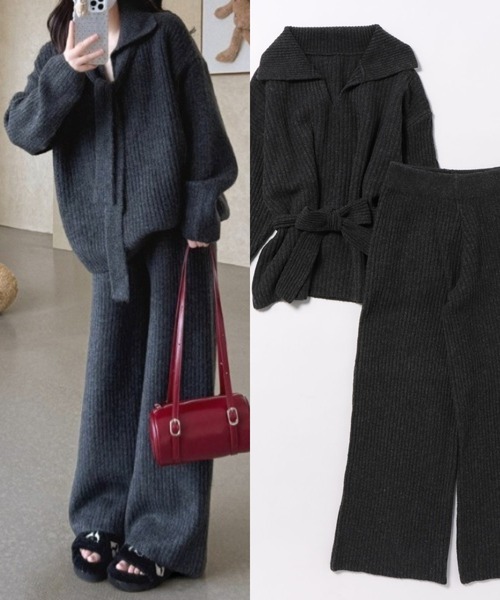 L LABEL(エルラベル)の「リブニット&パンツ2点セットアップ(セットアップ・レディース・ライトグレー/チャコール/アイボリー・FREE)」の1枚目の写真