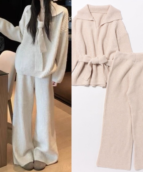 L LABEL(エルラベル)の「リブニット&パンツ2点セットアップ(セットアップ・レディース・ライトグレー/チャコール/アイボリー・FREE)」の2枚目の写真