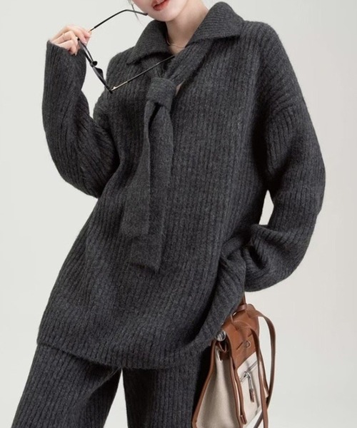 L LABEL(エルラベル)の「リブニット&パンツ2点セットアップ(セットアップ・レディース・ライトグレー/チャコール/アイボリー・FREE)」の5枚目の写真