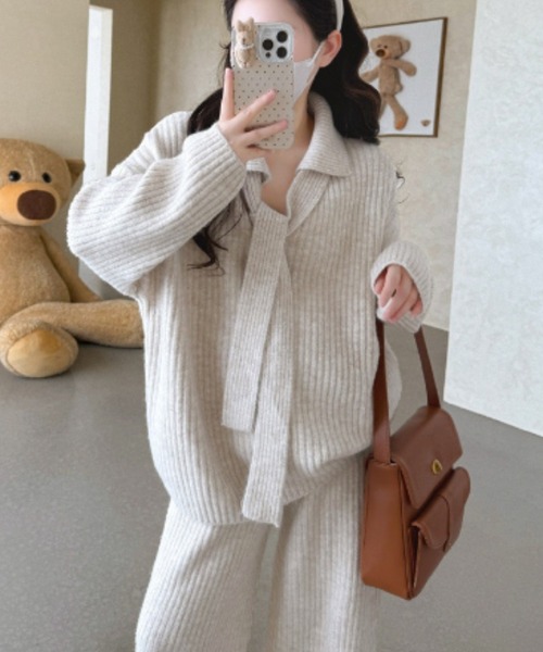 L LABEL(エルラベル)の「リブニット&パンツ2点セットアップ(セットアップ・レディース・ライトグレー/チャコール/アイボリー・FREE)」の12枚目の写真