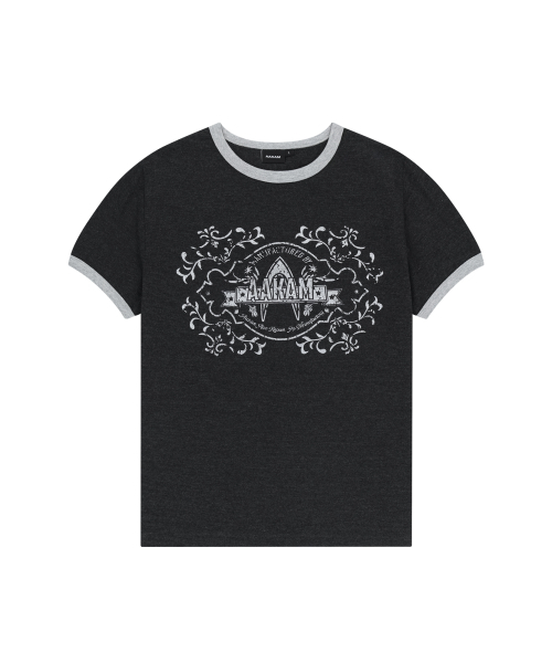 AAKAM(アーカム)の「Stamp Printed Ringer Top (Dark Gray)(Tシャツ/カットソー・レディース・その他・1/2)」の1枚目の写真