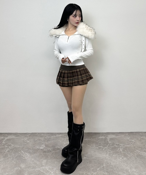 FOLLOWIN(フォロウィン)の「2color/プリーツレイヤードチェックスカパン(スカート・レディース・レッド/ブラウン・LARGE/MEDIUM/SMALL)」の4枚目の写真