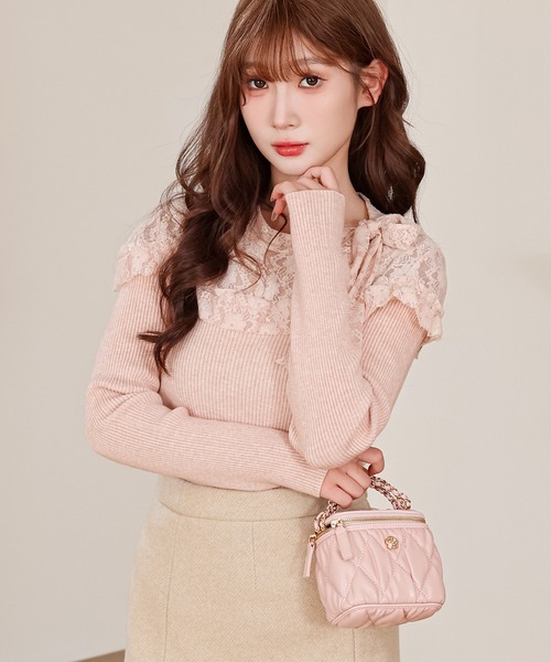 Anely(アネリー)の「レース リボン リブ ニット トップス(ニット/セーター・レディース・ピンク/ブラック/アイボリー・FREE)」の3枚目の写真