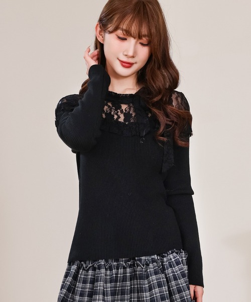 Anely(アネリー)の「レース リボン リブ ニット トップス(ニット/セーター・レディース・ピンク/ブラック/アイボリー・FREE)」の5枚目の写真
