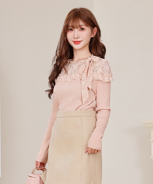 Anely(アネリー)の「レース リボン リブ ニット トップス(ニット/セーター・レディース・ピンク/ブラック/アイボリー・FREE)」の13枚目の写真