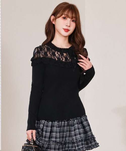 Anely(アネリー)の「レース リボン リブ ニット トップス(ニット/セーター・レディース・ピンク/ブラック/アイボリー・FREE)」の4枚目の写真
