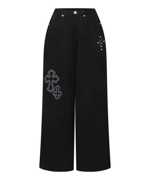MUCENT(ムセント)の「ハッスルクロスリベットバルーンフィットデニムパンツ(デニムパンツ・レディース・ブラック・MEDIUM/LARGE)」の1枚目の写真