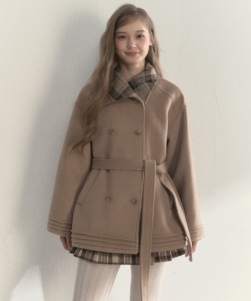 日本製SUNSEA ブラウンチェック ダブルブレストコート 日本製SUNSEA ブラウンチェック ダブルブレストコート 日本製SUNSEA