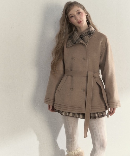 セール】チェック柄 ダブルブレストウールコート SP25a035【SunsetPark