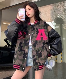 Ressaca（レサーカ）の「オーバーサイズサガラ刺繍カモフラージュ柄スタジャン PUレザー切り替えブルゾン（スタジャン）」