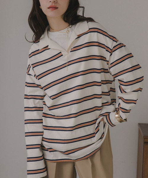 210nouve（トゥージュヌーブ）の「スキッパー ボーダー ポロ襟　Tシャツ（Tシャツ/カットソー・レディース・グリーン/サックスブルー/キャメル・FREE）」の3枚目の写真