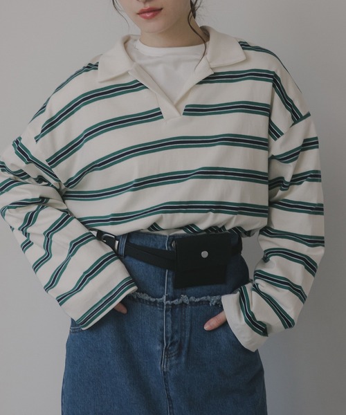 210nouve（トゥージュヌーブ）の「スキッパー ボーダー ポロ襟　Tシャツ（Tシャツ/カットソー・レディース・グリーン/サックスブルー/キャメル・FREE）」の2枚目の写真