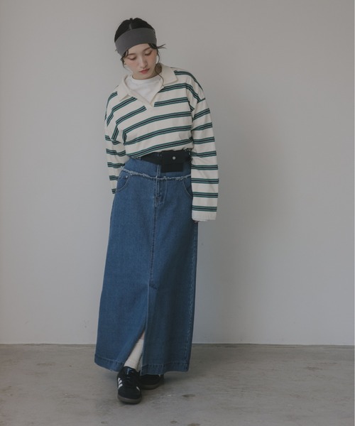 210nouve（トゥージュヌーブ）の「スキッパー ボーダー ポロ襟　Tシャツ（Tシャツ/カットソー・レディース・グリーン/サックスブルー/キャメル・FREE）」の13枚目の写真