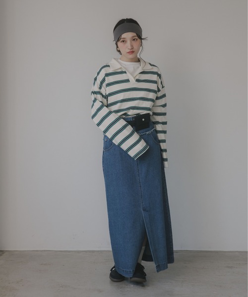 210nouve（トゥージュヌーブ）の「スキッパー ボーダー ポロ襟　Tシャツ（Tシャツ/カットソー・レディース・グリーン/サックスブルー/キャメル・FREE）」の15枚目の写真